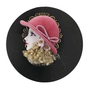 VTG Lady Face Brooch Pink Velvet Cloche Hat Blonde Curls Flapper Cameo